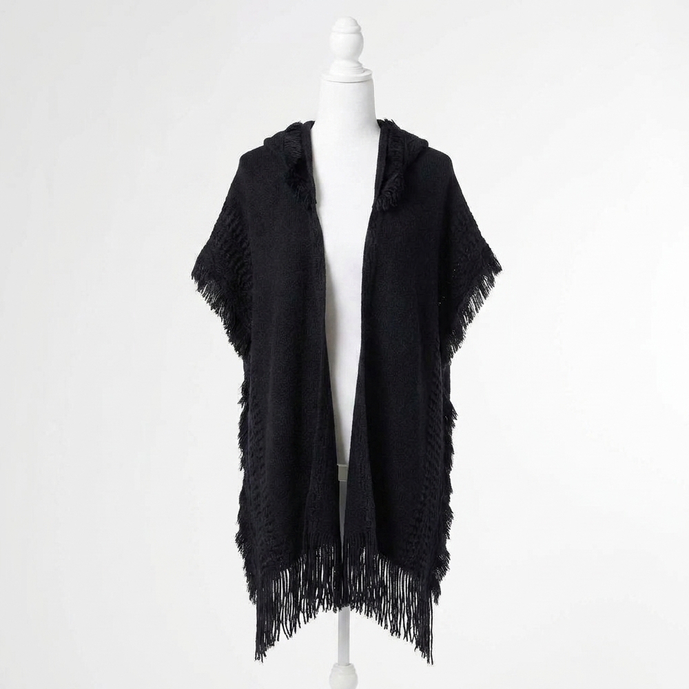NEW COCO + CARMEN eloise hooded ruana with frayed fringe in black